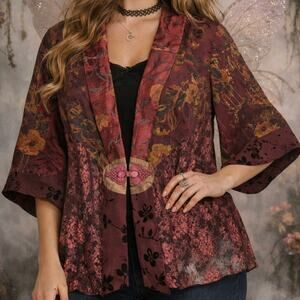 Violet Kay Burnout Kimono Satin Lace Burgundy Frog Knot Closure SZ L Whimsygoth